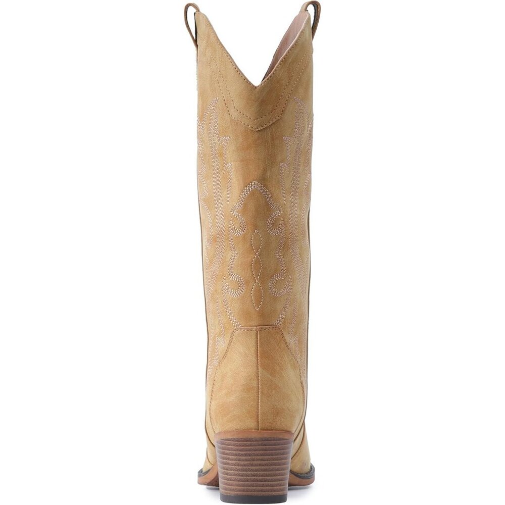 Women's Yellow Chunky Heel Mid Calf Snip Toe Western Elegance Embroidery Boots - Picture 6 of 6